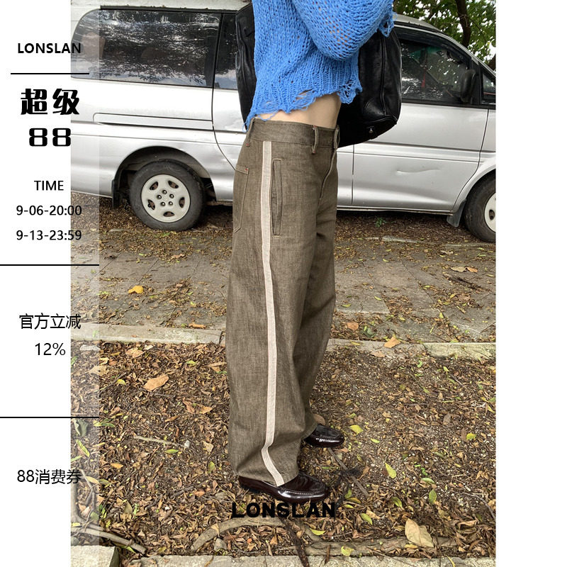 LONSLAN 26AW 秋冬新款复古卡绿色侧边线条牛仔裤图片