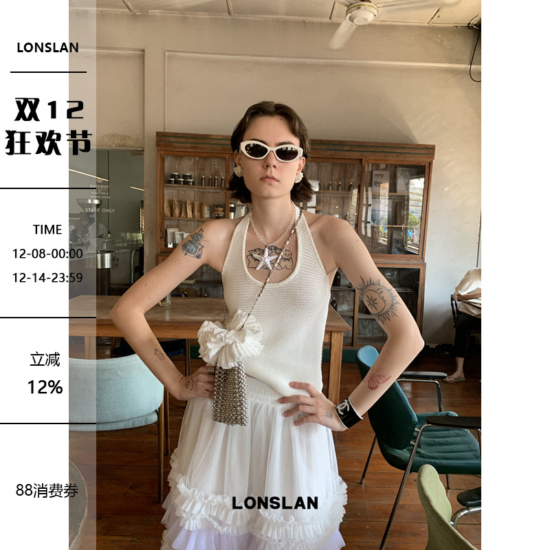 LONSLAN 2025春夏新款小众设计无袖挂脖U领露背短款针织背心上衣