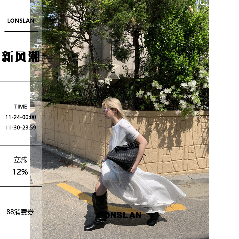 LONSLAN25SUMMER  短袖拼接缎面开叉连衣裙