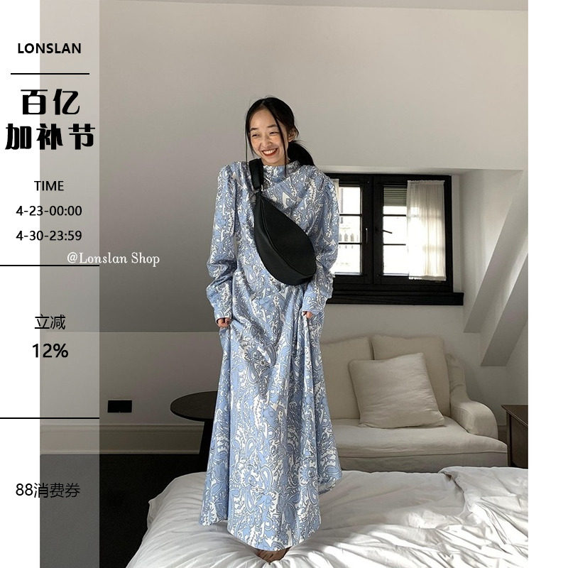 Lonslan 2026自制早春新品慵懒风复古印花中长款碎花连衣裙女清新