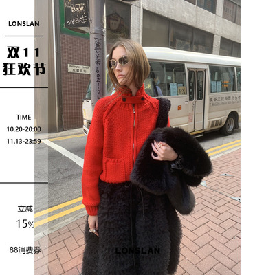 LONSLAN24WINTER 11/30 20:00NEW新年圣诞口袋立领红色毛衣