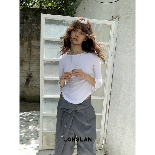 LONSLAN 26AW 秋冬新款内搭一字领花边七分袖打底T