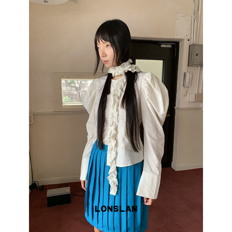 LONSLAN 26AW 宫廷袖复古米色飘带围巾衬衫图片