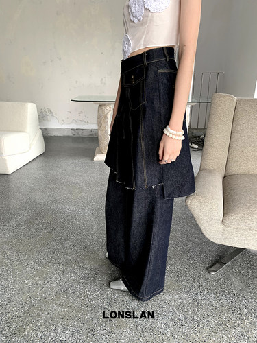 LONSLAN假两件阔腿口袋牛仔裤裙