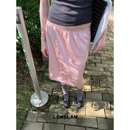 LONSLAN 2026AW松紧腰缎面光泽浅粉色半裙