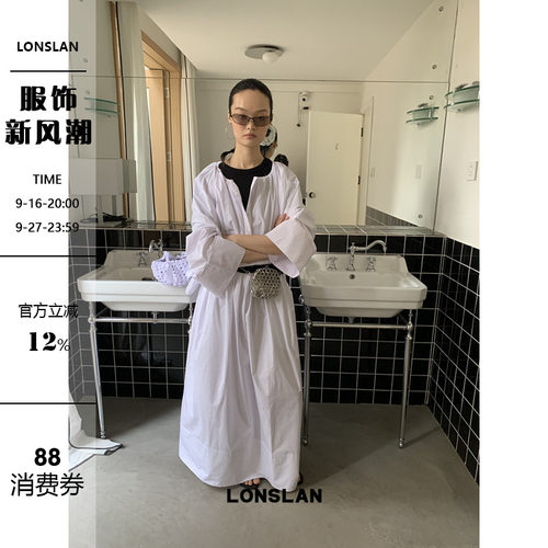 LONSLAN 2025春夏新款 韩系宽松一字领大翻边长袖衬衫 半裙套装女