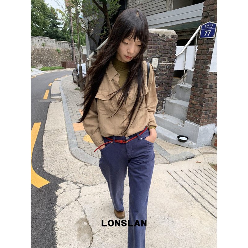 LONSLAN 26AW口袋棉麻复古长袖衬衫图片