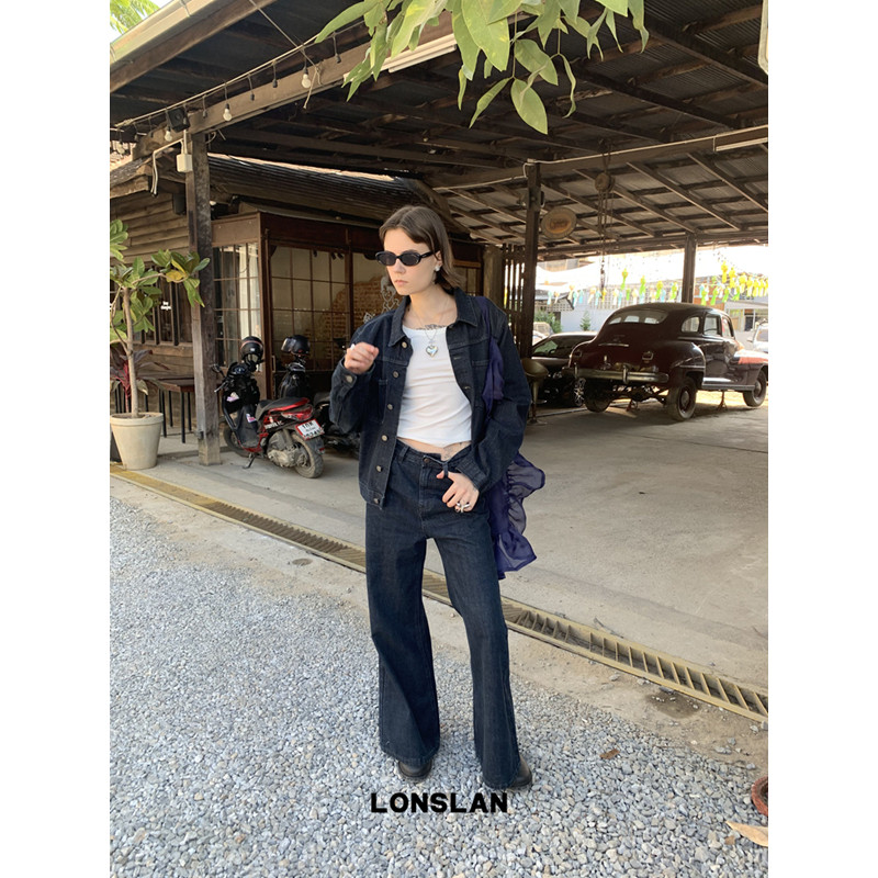 LONSLAN 2025春夏新款复古港风做旧翻领休闲牛仔夹克喇叭裤套装女