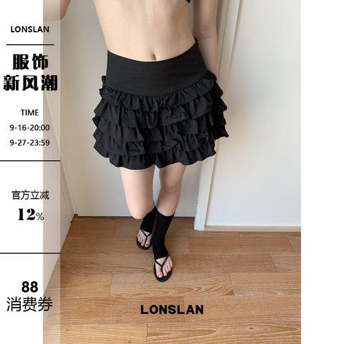 LONSLAN25SUMMER 简约多层收腰蛋糕花边短裙