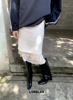 LONSLAN 2024秋季新款小众设计蕾丝花边缎面半裙