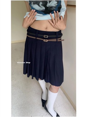 LONSLAN 2022summer高腰a字百褶裙显瘦设计感小众半身裙 双腰带