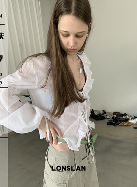 LONSLAN25SUMMER 荷叶边绑带防晒棉麻娃娃上衣