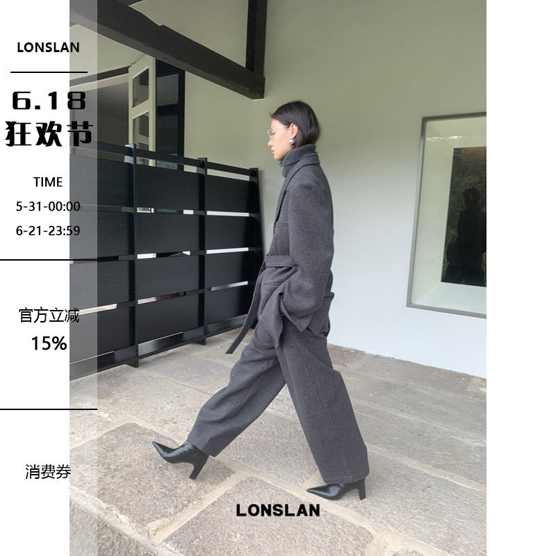 LOSLAN 2024秋冬新款商务休闲羊毛呢子收腰绑带西装+西装裤套装女