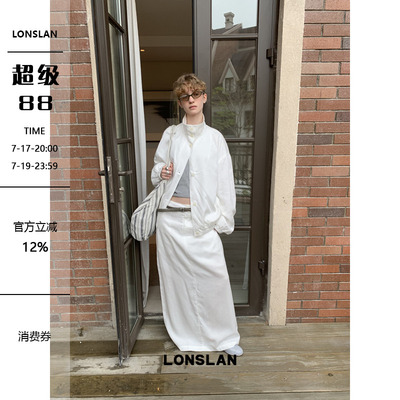 LONSLAN 2026春夏新品白色立领西系扣缎面夹克+半裙套装