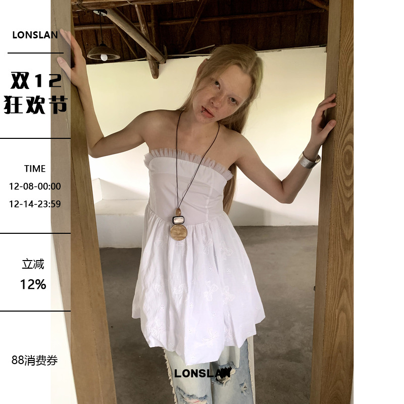 LONSLAN 2024 SUMMER 7/8 20:00NEW蝴蝶结刺绣裹胸娃娃上衣