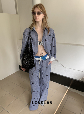 LOSLAN 25SS 小众设计格纹花朵刺绣衬衫+裤子套装