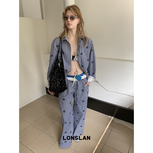 LOSLAN 25SS 小众设计格纹花朵刺绣衬衫+裤子套装