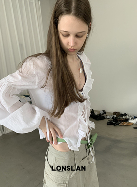 LONSLAN25SUMMER 荷叶边绑带防晒棉麻娃娃上衣