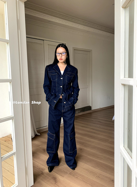 LONSLAN 2023秋季新款百搭长袖上衣外套深蓝色牛仔长裤裤子套装女