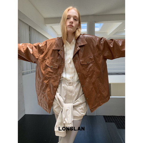 LONSLAN 2025秋季新款 复古做旧口袋翻领皮衣外套