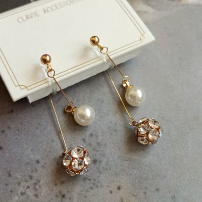 日系绝美珍珠水钻精致小球耳线效果后挂式耳钉无耳洞树脂u型耳夹