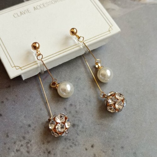 日系绝美珍珠水钻精致小球耳线效果后挂式耳钉无耳洞树脂u型耳夹