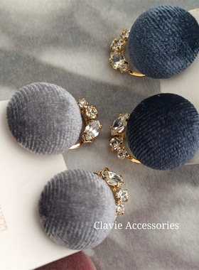 耳夹无耳洞女秋冬新款深蓝灰色丝绒水钻夸张轻奢小众日系耳钉耳环