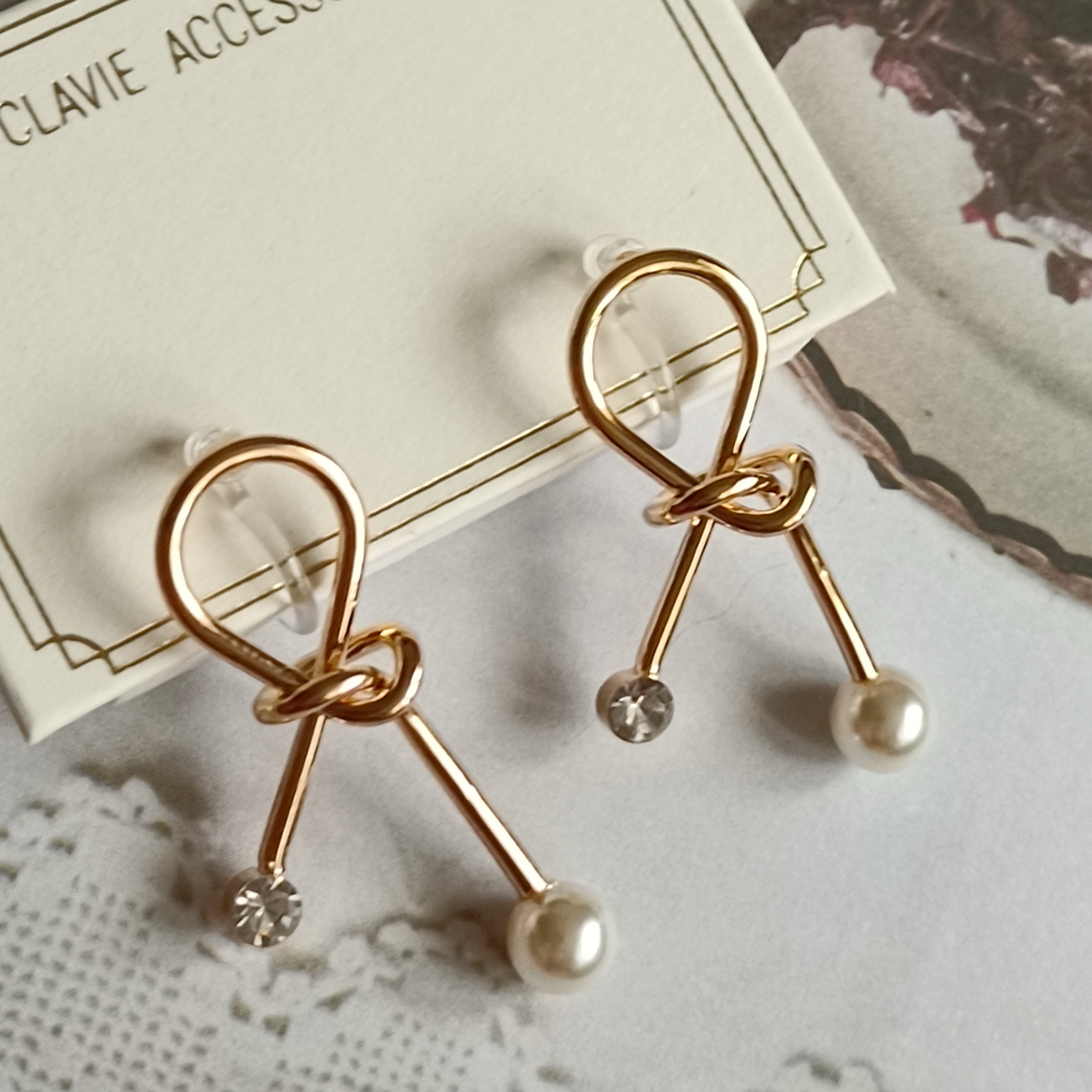 简约人造珍珠打结绳结立体独特小众设计日本树脂u型耳夹无洞耳钉