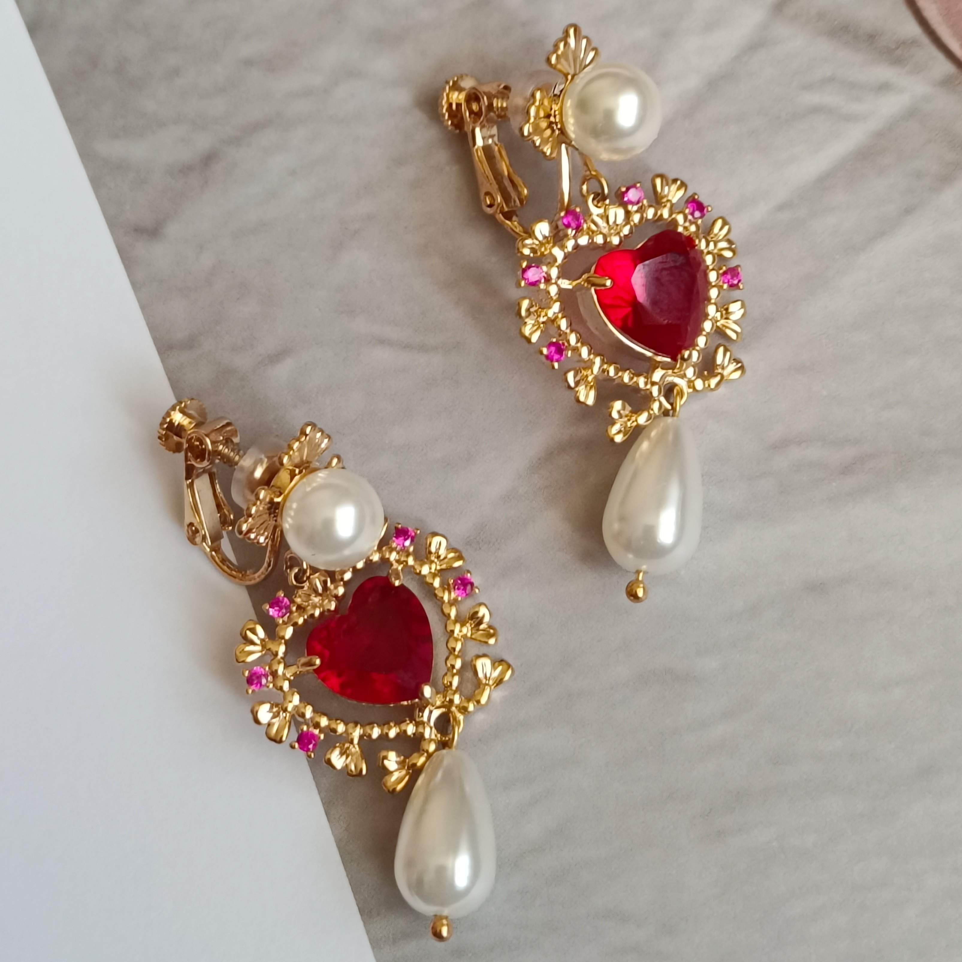 复古宫廷风华丽新年红色饰品爱心水钻仿珍珠耳钉无耳洞螺丝耳夹女