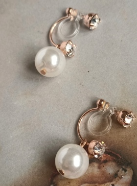 日系独特后挂式晃动珍珠大水钻耳钉耳环无耳洞树脂u型耳夹隐形女