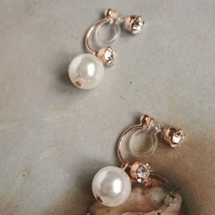 日系独特后挂式晃动珍珠大水钻耳钉耳环无耳洞树脂u型耳夹隐形女