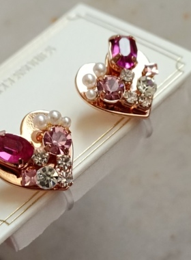 日系精致爱心粉钻珍珠耳钉无耳洞日本树脂u型耳夹独特小巧玫瑰金