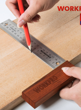 WORKPRO木工直角尺不锈钢90度宽座多功能木工标注尺公英制