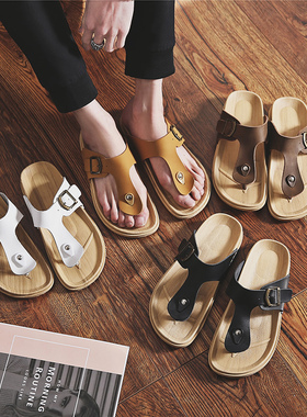 真皮英伦拖鞋男夏季防滑男士凉拖鞋潮沙滩社会个性休闲情侣人字拖