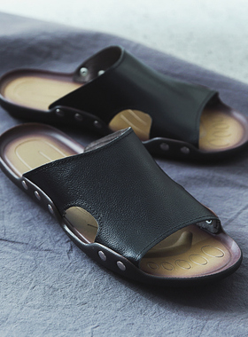 拖鞋男夏季韩版一字拖男室外凉拖沙滩拖真皮潮拖外穿半拖男士拖鞋
