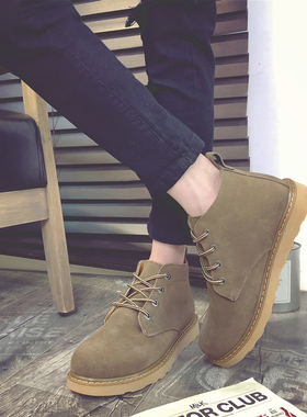 真皮英伦风马丁靴男靴子潮秋冬男士短靴复古圆头反绒皮中帮工装靴