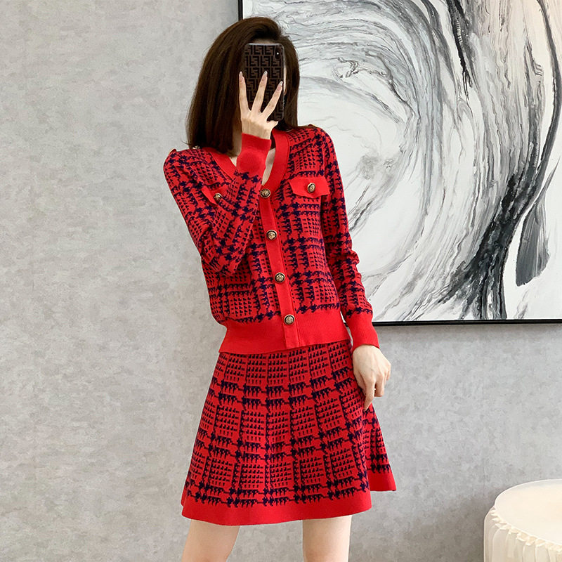 时尚休闲套装女2025秋季新款撞色千鸟格小香风针织两件套装裙子潮图片