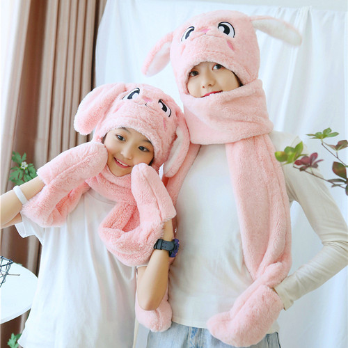 抖音一捏耳朵会动帽子女秋冬围巾手套一体学生保暖加厚儿童亲子