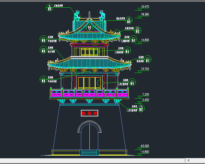 清代古建筑砖石木结构斗拱重檐十字脊楼阁城门楼cad施工图