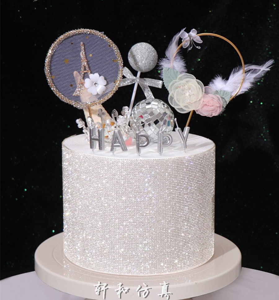 2021年创意蛋糕模型水晶钻围面花仙子金字塔生日仿真蛋糕样品道具
