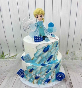 轩和仿真蛋糕模型蓝色主题双层冰雪公主小王子卡通象网红蛋糕模型