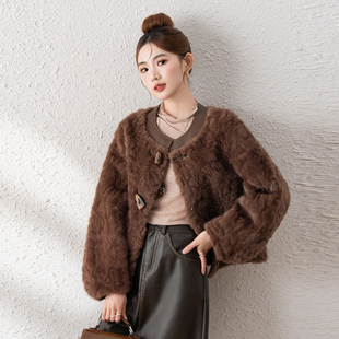 海宁短款花狐仿小湖羊皮毛一体显瘦外套女2025冬新款环保皮草大衣