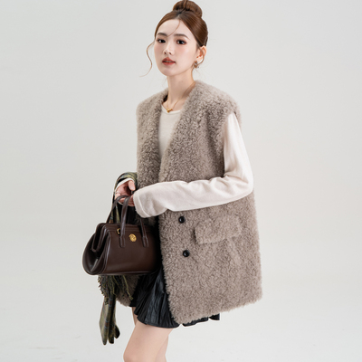 海宁颗粒绒皮草外套女短款羊剪绒休闲背心保暖羊羔毛大衣冬季马甲