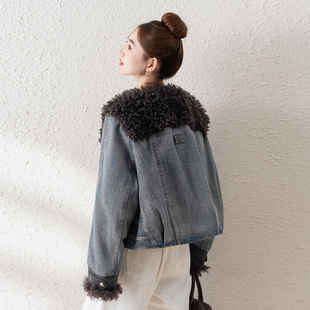 白鹅绒显瘦羊羔毛牛仔外套潮羊卷毛皮毛一体皮草鹅绒羽绒服女短款