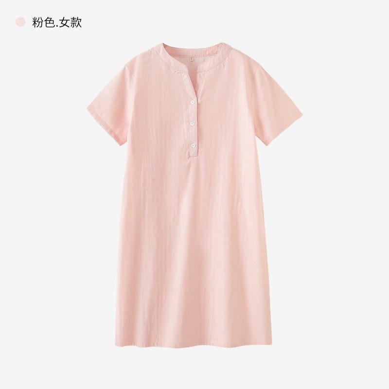 外贸原单春夏女纯棉双层纱布短袖睡裙中裙睡衣家居服日系宽松大码