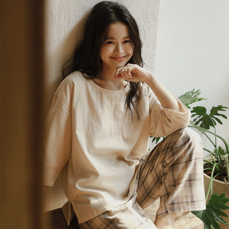 日系纯棉麻格子家居服女可出门纱布七分袖睡衣夏季薄款宽松休闲