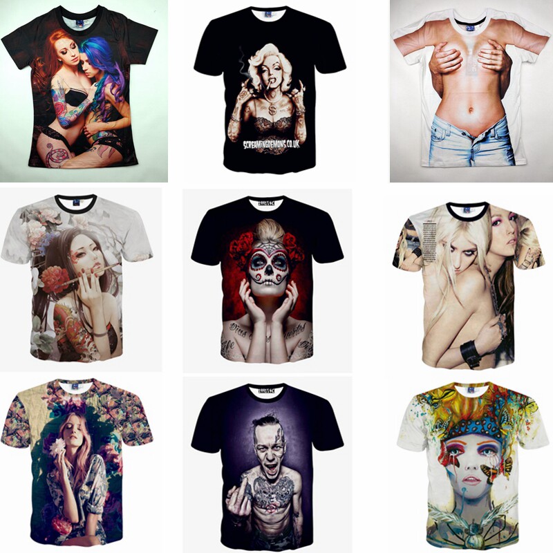 3d美女图案立体创意印花t恤男女短袖个性恶搞怪肌肉衣服夏季短t