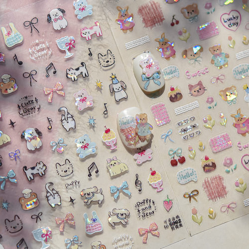 可爱涂鸦小猫小狗宠物贝壳光美甲贴纸装饰指甲电脑手机壳iPad贴画