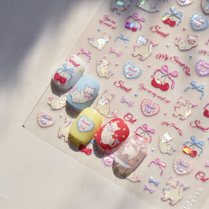 樱桃小猫贝壳光美甲贴纸装饰指甲电脑手机iPad耳机手账笔记本贴画