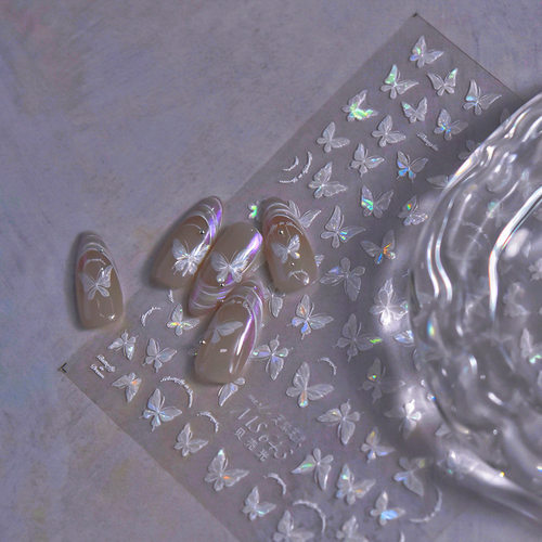 ins白色蝴蝶贝壳光美甲贴纸背胶装饰指甲文具电脑手机壳咕卡贴画